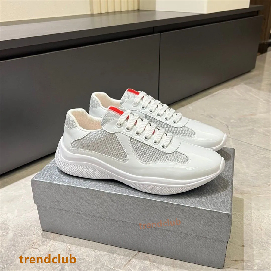 Trainers Americas Cup Luxury Casual Shoes Designer Patent Leather And Technical Fabric Runner Flat Men Women Sneakers Black White Blue Rubber Sole Brand Sports Shoe