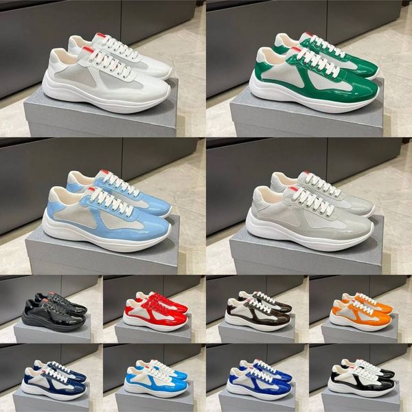 Trainers Americas Cup Luxury Casual Shoes Designer Patent Leather And Technical Fabric Runner Flat Men Women Sneakers Black White Blue Rubber Sole Brand Sports Shoe