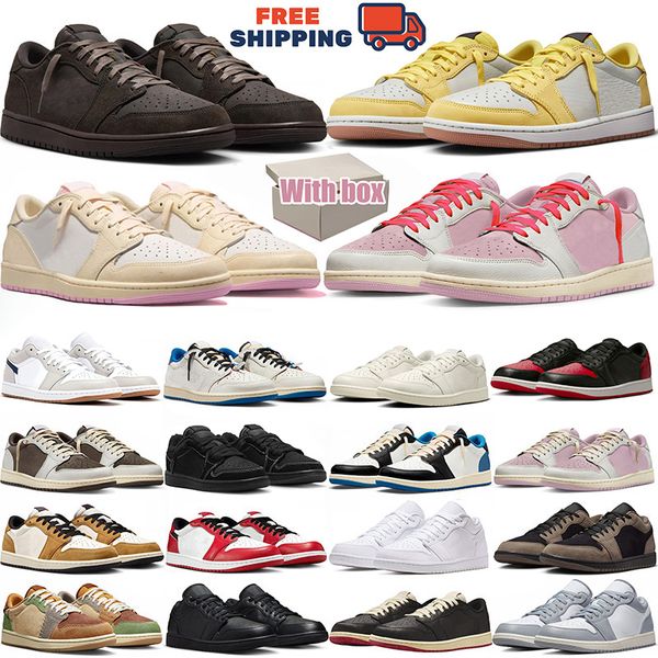 Free Shipping With box 1 1s Low Basketball Shoes Pink Pack Black Phantom sial Velvet Brown Reverse Mocha Medium Olive Blue Sports Sneakers outdoor shoes size 36-47