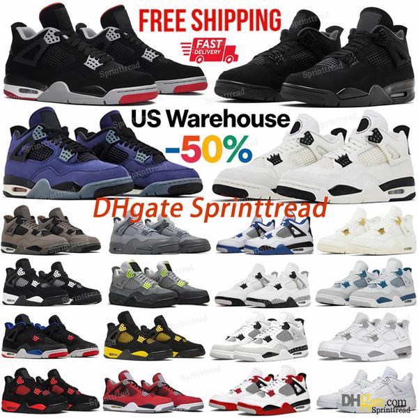 Free Shipping from USA Designer Basketball Shoes Fire J4 4s Black Cat Imperial Purple Red White Yellow Thunder Cool Grey Blue Pink GS Sneakers Discounts On Sale