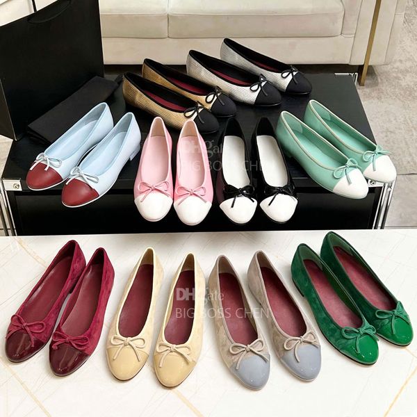 Top quality mesh Suede Leather Round toes bow Ballet flats shoes Women's loafers Flat dress shoes slip on Bowtie ballerina Flat Boat shoes Luxury designer shoes womens
