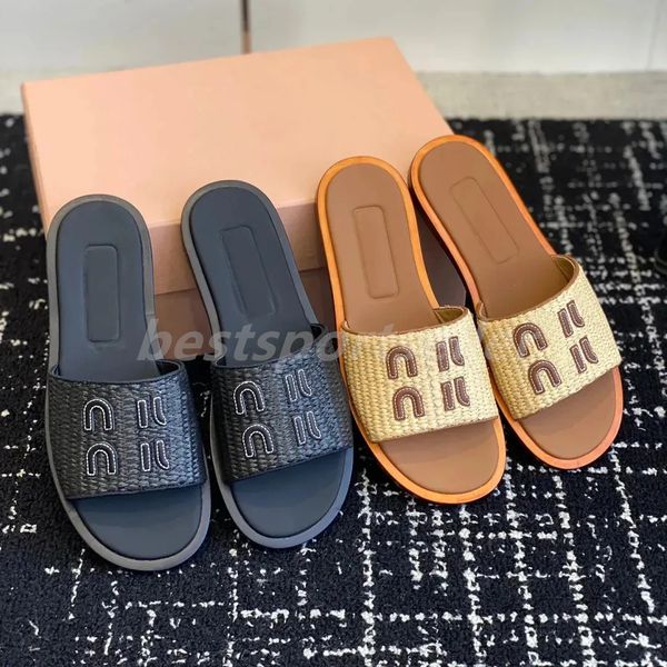 Designer Slippers mm Womens Sandals Fashion Raffia-effect Woven Fabric Slides White Black Natural Flat Slipper Ladies Summer Beach Indoor Slide Women Sandals Slide