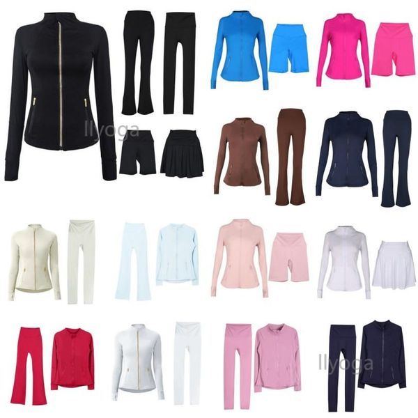 Workout Set Yoga Set Gold Zipper Cropped Jacket Shorts Leggings Flared Pants Womens Gym Jackets Slim Fit fitness Suit Workout Sweatshirt Jakets Tracksuit