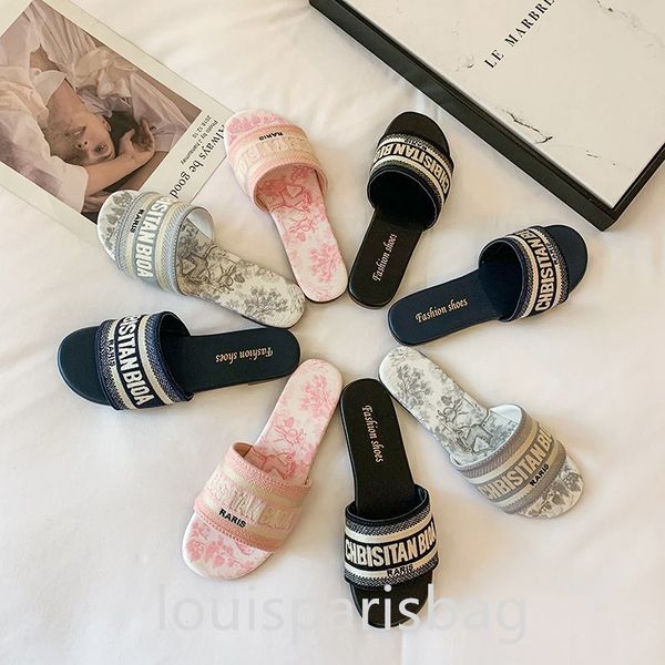 Summer Women's Outer Wear Designer Slippers New Flat Bottom One Word Drag Embroidered Beach Slippers Fashionable Temperament Hundred Slippers