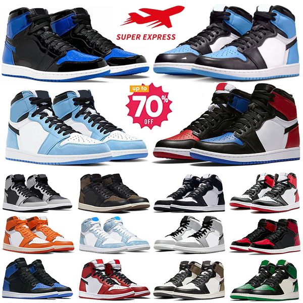 Designer 1 Basketball shoes Men Women 1S University Blue Hyper Royal Patent Panda OG dark Mocha bred shadow UNC Smoke Grey Outdoor Sports Sneakers trainers Eur 36-47