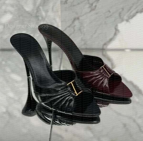 Elegant Dress shoes Ladies stiletto Slippers mules Genuine Leather Fashionable Letter Buckle Sharp toes sandals luxury women designer high-heeled Slipper with box